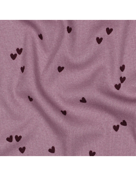 Ribbed cotton jersey fabric - Mauve hearts