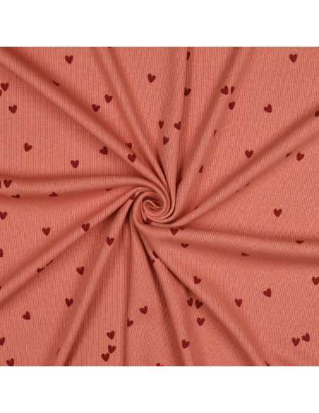 Ribbed cotton jersey fabric - Coral hearts