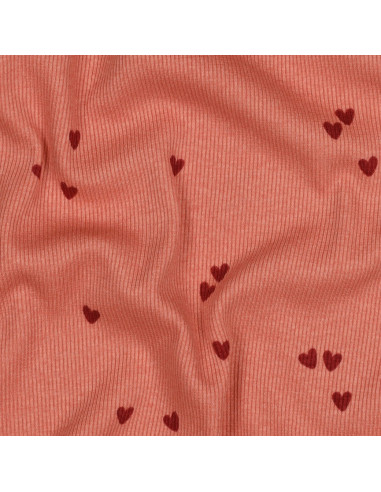 Ribbed cotton jersey fabric - Coral hearts