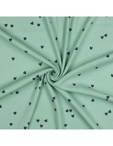 Ribbed cotton jersey fabric - Sage hearts