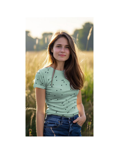 Ribbed cotton jersey fabric - Sage hearts