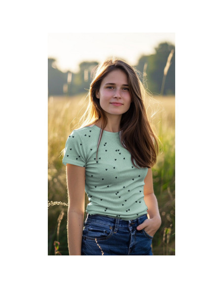 Ribbed cotton jersey fabric - Sage hearts