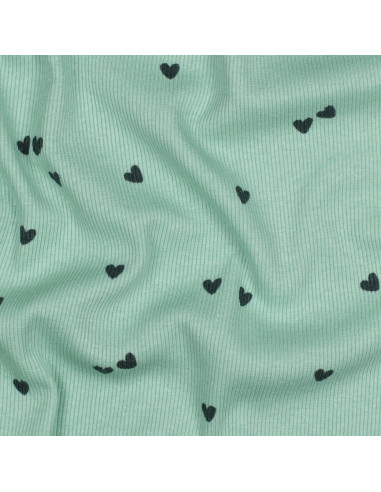 Ribbed cotton jersey fabric - Sage hearts