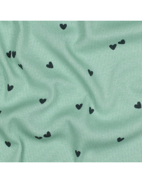 Ribbed cotton jersey fabric - Sage hearts