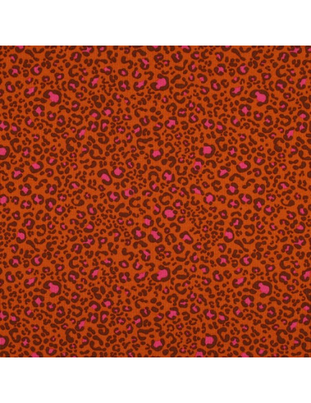 Ribbed cotton jersey fabric - Orange leopard