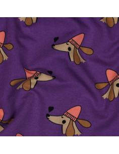 Dog and hearts fleece sweatshirt fabric - Purple