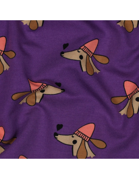 Dog and hearts fleece sweatshirt fabric - Purple