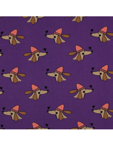 Dog and hearts fleece sweatshirt fabric - Purple