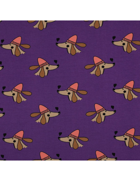 Dog and hearts fleece sweatshirt fabric - Purple