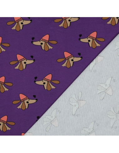 Dog and hearts fleece sweatshirt fabric - Purple
