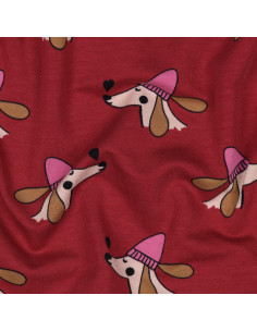 Dog and hearts fleece sweatshirt fabric - Red