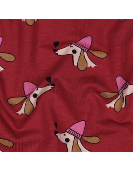 Dog and hearts fleece sweatshirt fabric - Red