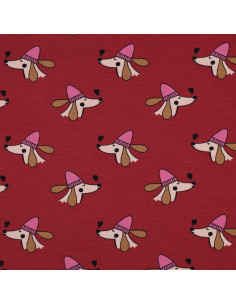 Dog and hearts fleece sweatshirt fabric - Red 2