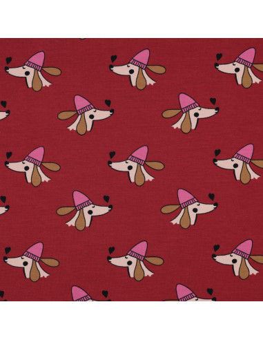 Dog and hearts fleece sweatshirt fabric - Red