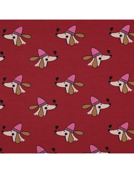 Dog and hearts fleece sweatshirt fabric - Red