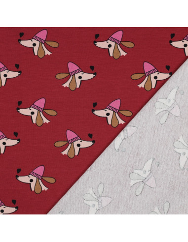 Dog and hearts fleece sweatshirt fabric - Red