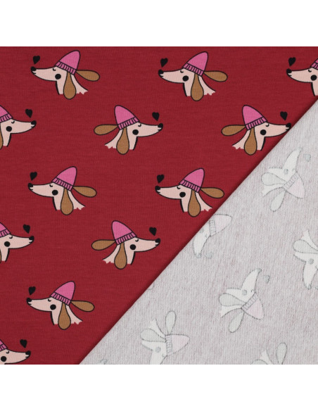 Dog and hearts fleece sweatshirt fabric - Red