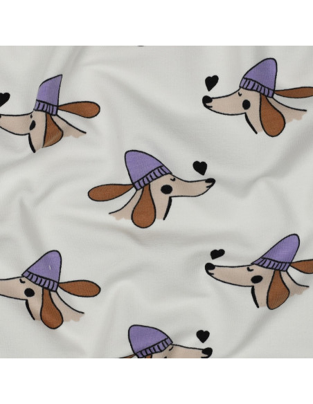 Dog and hearts fleece sweatshirt fabric - Off-white