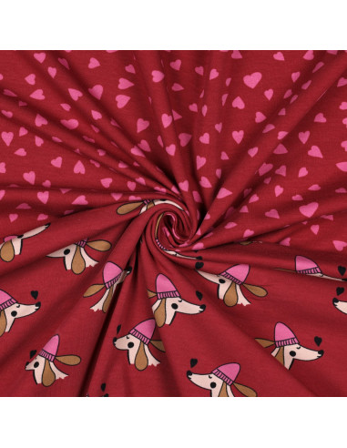 Red fleece sweatshirt fabric - Pink hearts