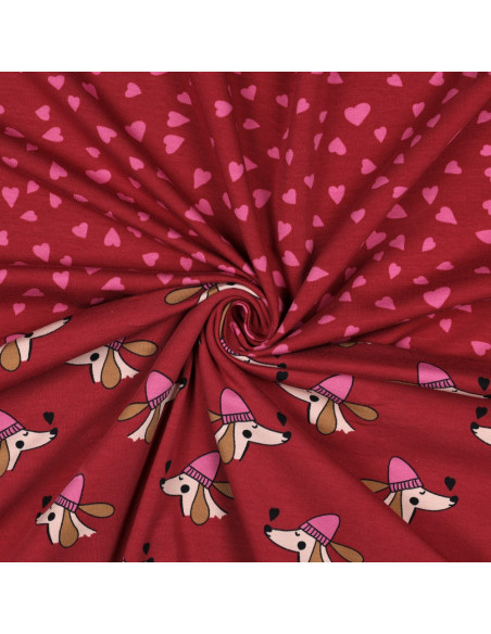 Red fleece sweatshirt fabric - Pink hearts