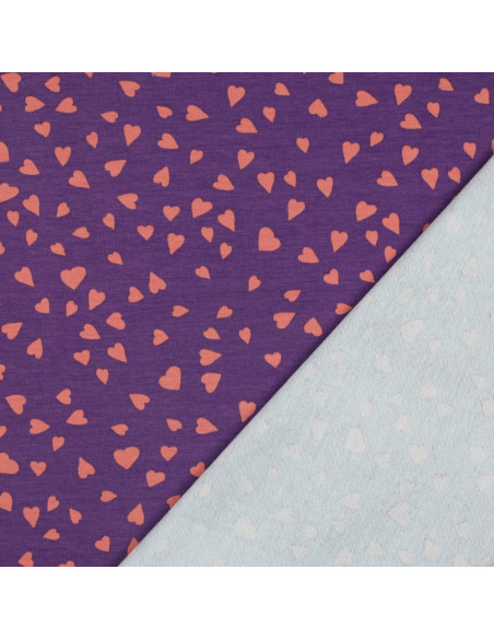 Purple fleece sweatshirt fabric - Coral hearts