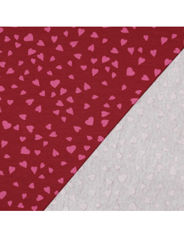 Red fleece sweatshirt fabric - Pink hearts