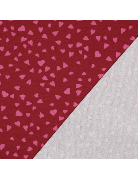 Red fleece sweatshirt fabric - Pink hearts