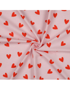 Pink flannel fabric - Bright red hearts