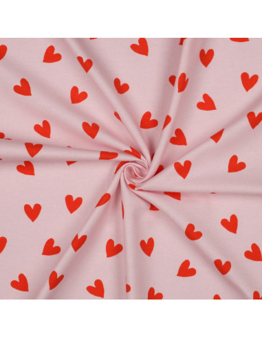 Pink flannel fabric - Bright red hearts