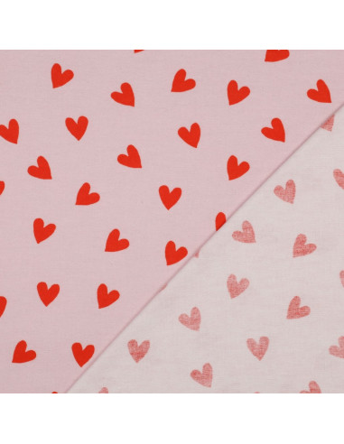 Pink flannel fabric - Bright red hearts