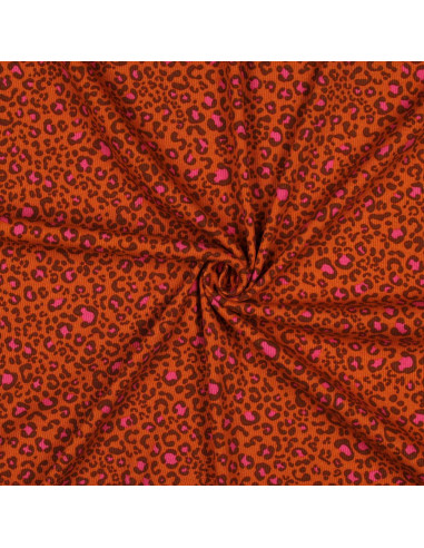 Ribbed cotton jersey fabric - Orange leopard