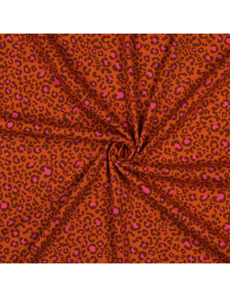 Ribbed cotton jersey fabric - Orange leopard