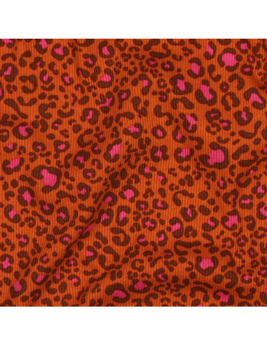Ribbed cotton jersey fabric - Orange leopard