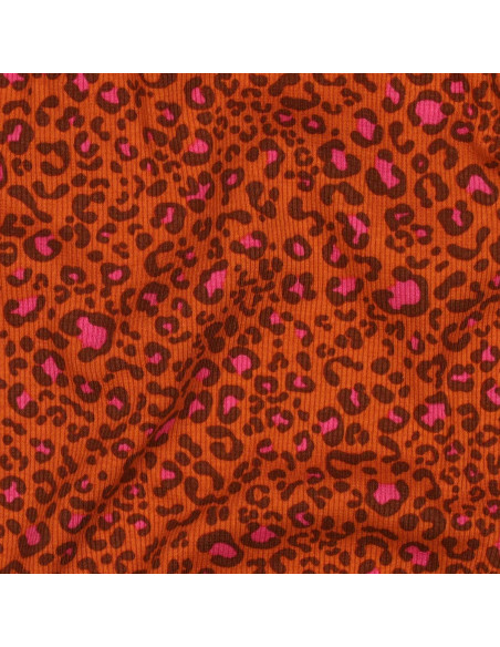 Ribbed cotton jersey fabric - Orange leopard