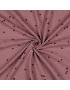 Double gauze fabric - Pink hearts on a dark old rose background