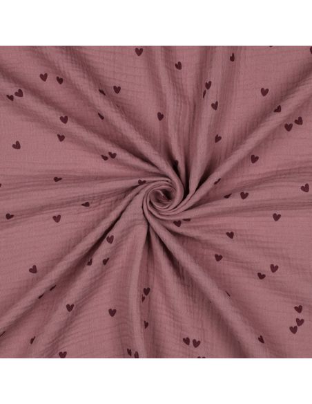 Double gauze fabric - Pink hearts on a dark old rose background