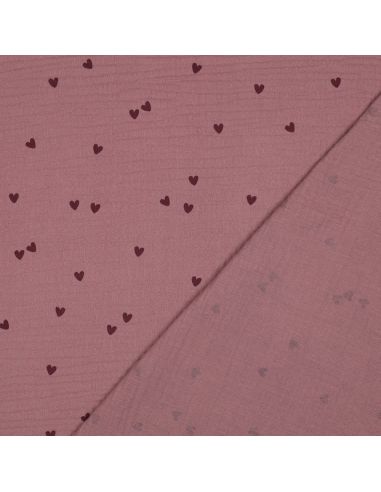 Double gauze fabric - Pink hearts on a dark old rose background