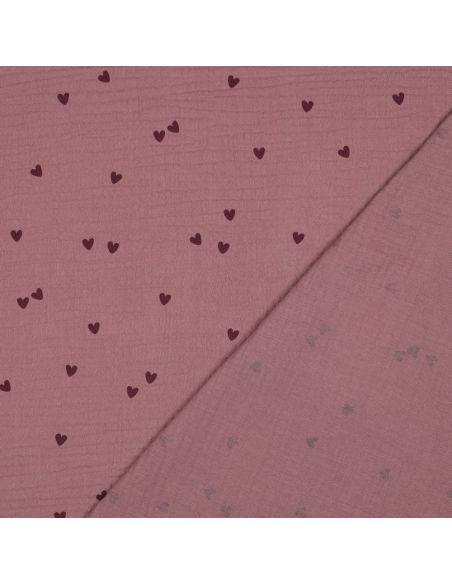Double gauze fabric - Pink hearts on a dark old rose background