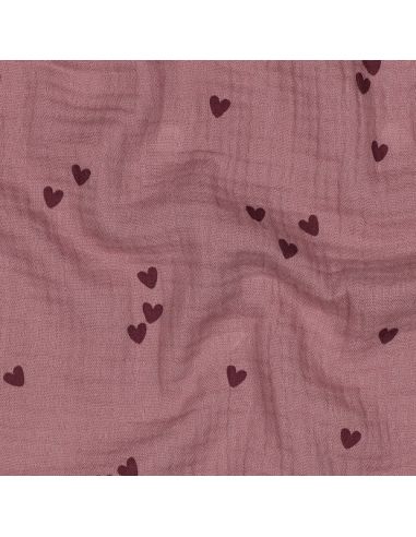 Double gauze fabric - Pink hearts on a dark old rose background