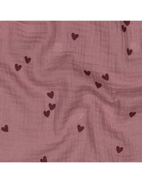 Double gauze fabric - Pink hearts on a dark old rose background