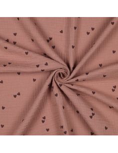 Double gauze fabric print - Mocha heart on brown background
