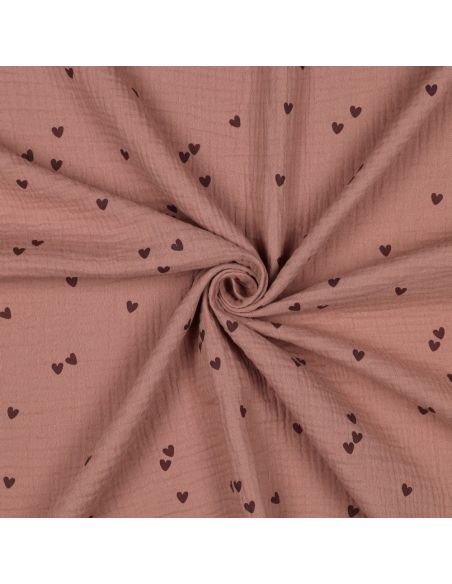 Double gauze fabric print - Mocha heart on brown background