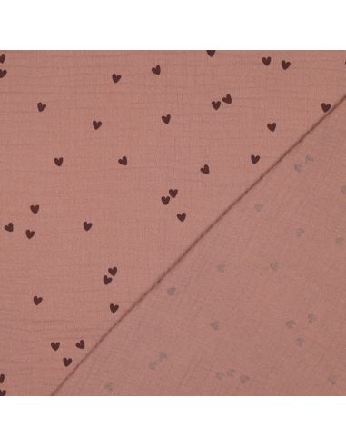 Double gauze fabric print - Mocha heart on brown background