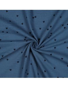 Double gauze fabric printed - Black heart on blue background