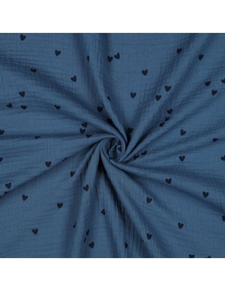 Double gauze fabric printed - Black heart on blue background