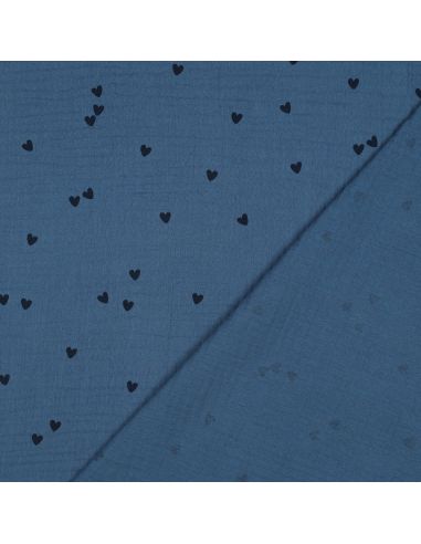 Double gauze fabric printed - Black heart on blue background