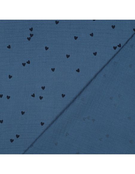 Double gauze fabric printed - Black heart on blue background