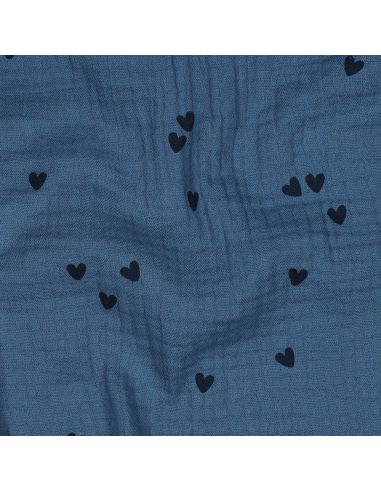 Double gauze fabric printed - Black heart on blue background