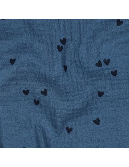 Double gauze fabric printed - Black heart on blue background
