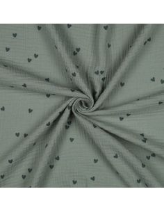 Double gauze fabric printed - Dark green heart on green background